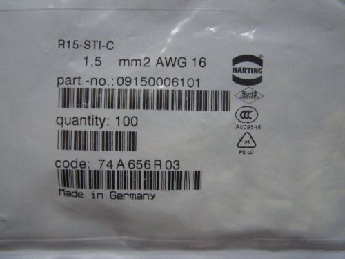 HARTING Male Crimp Contact 09150006101 for 1.5mm2 and AWG 16 wire, R15-STI-C model