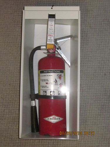Complete package with cabinet glass, lock & breaker bar: Fresh 5-pound fire extinguisher.
