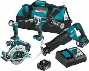 The 4 Piece Makita XT448T Cordless Combo Kit with 5.0 Ah 18V LXT Lithium-Ion and Brushless technology.