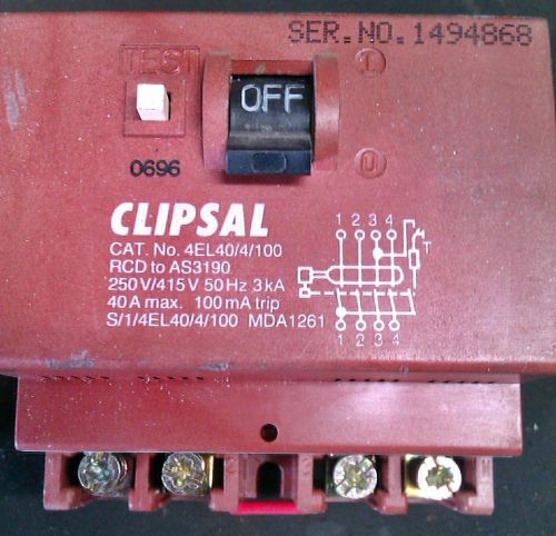 Clipsal 4el40/4/100ma four pole residual current mcb for sale