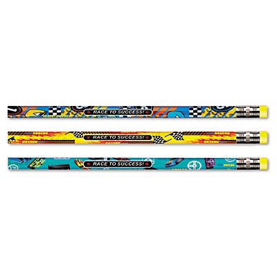 A dozen Decorated Pencils, themed as Race to Success!, with an HB lead and a 2.1 mm tip size. The pencils come in an assortment of colors with a black design.