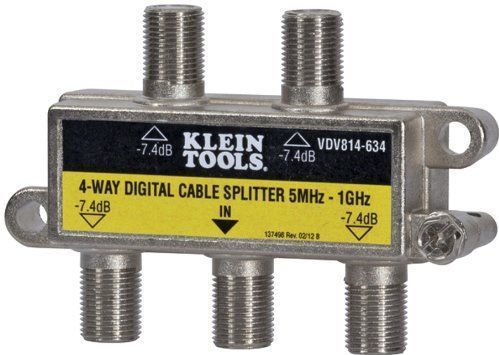 Enhanced Return Path RFI Shielded 4-way CATV Coax Splitter with a frequency range of 5MHz to 1GHz.