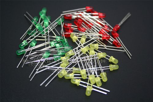 LED Lamp Diode with Round Top, 2-Pin Design, 60 Pieces, 3mm in Size with Red, Yellow, and Green Emission.