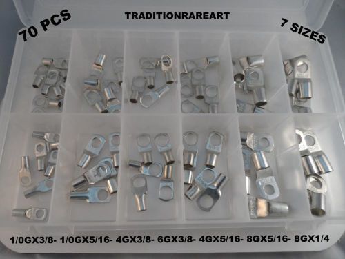 Assortment of Tinned Copper Lug Battery Cable Connector Terminals in 7 Sizes and 70 Pieces.