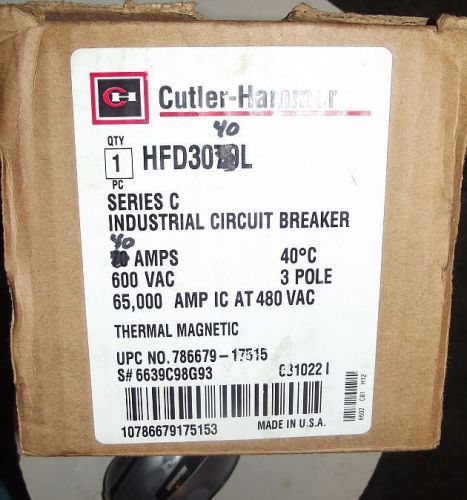 Nibox cutler hammer circuit breaker 40 amps 600 v 3 pole hfd3040lthermal magneti for sale