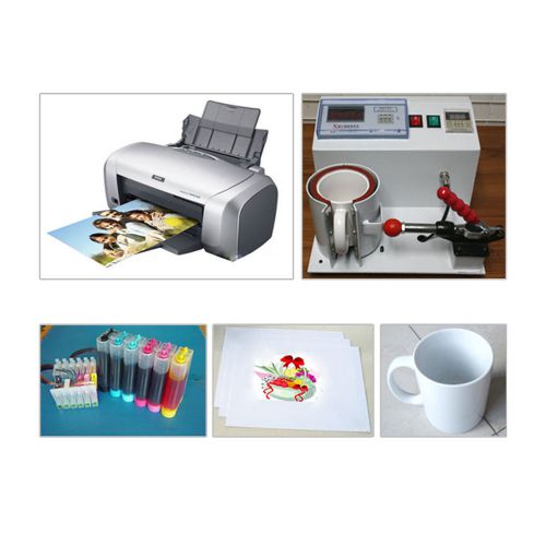 Sublimation Kit with New Mug Cup Heat Press, Epson Printer, and Transfer Paper Package.