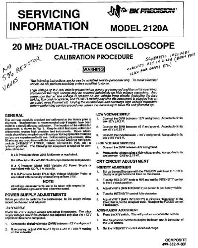 Service Manual and Schematics for the BK Precision 2120A Oscilloscope Calibration