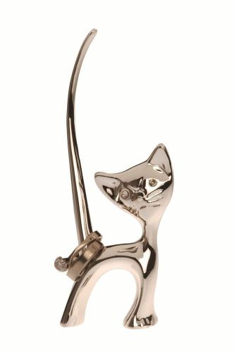 Ring Holder - Silver Plated Standing Cat with Diamond Eyes and Extended Tail