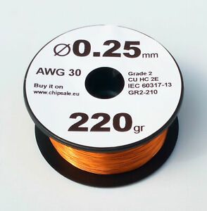 Enameled Copper Coil Magnet Wire - 30 AWG Gauge, 0.25 mm Diameter, 220 grams, Approximately 490 meters (1/2 lb)