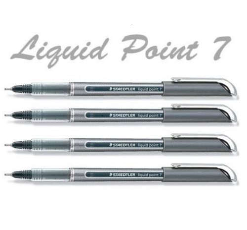 A pack of four Staedtler Liquid Point 7 Rollerball Pens with Superfine 0.4mm Black Ink.