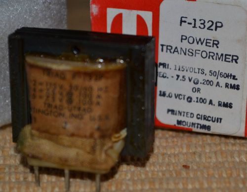 Transformer F-132P from Triad with a secondary rating of 1.5VA, serial current of 0.100A and parallel current of 0.20A; primary rating of 115V and secondary rating of 15VCT.