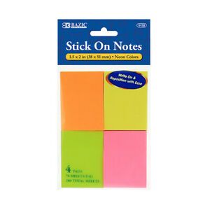 Stick On Notes Neon 70 Ct. 1.5&#034; X 2&#034; (4/Pack)