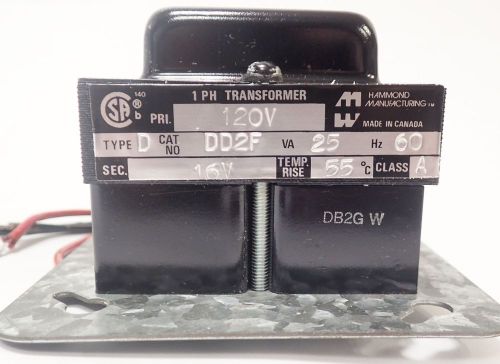 NOS Hammond Manufacturing DD2F 25VA Transformer with 60Hz, 120V primary voltage, and 16V secondary voltage.
