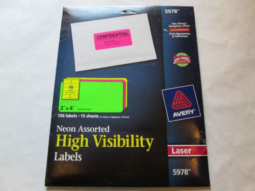 Avery 5978 High Visibility Labels in Neon Assorted Colors: Yellow, Magenta, and Green, for Laser Printing.