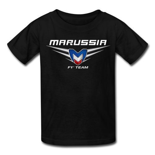 Men's Black T-Shirt with Marrusia F1 Team Logo, Available in Sizes S-3XL.