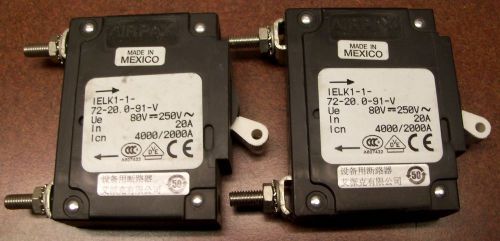 Lot of 2 - airpax ielk1-1-72-20. 0-91-v circuit breakers - 20amp - 80/250v - new for sale