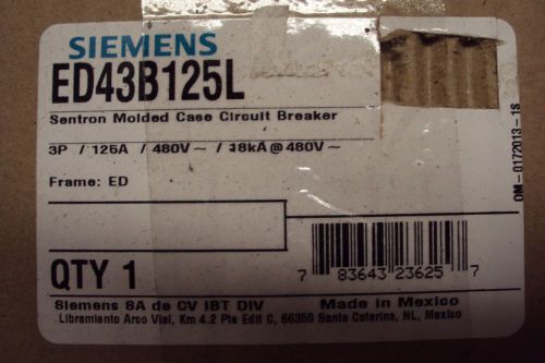 Siemens ed43b125l circuit breaker, 125 amp / 3-pole / 480 volt for sale