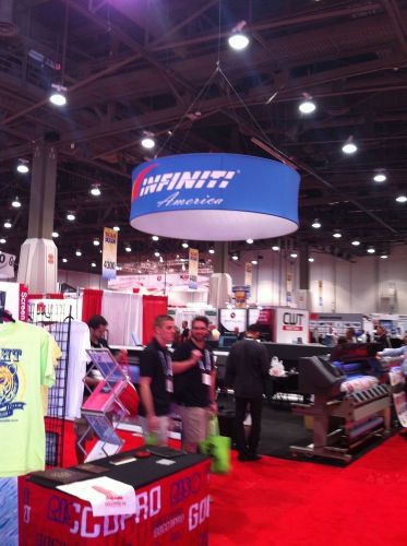 Hanging banner, 12ft round circle x 24 trade show display with custom print for sale